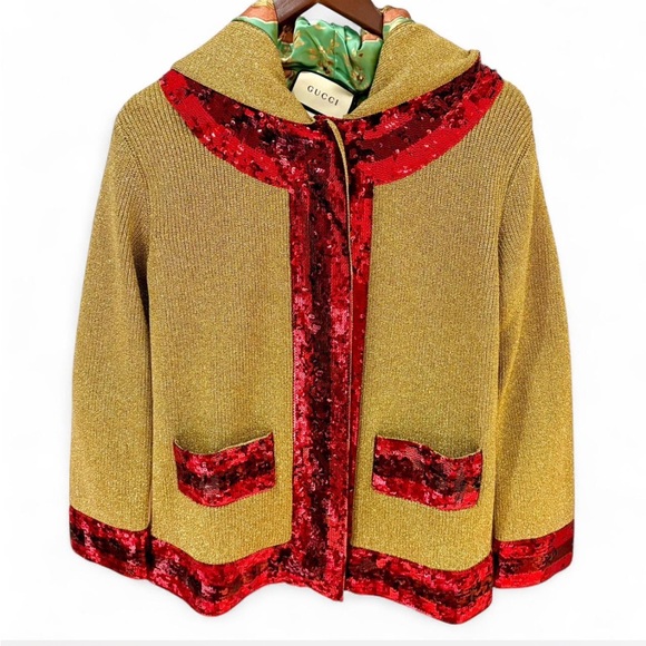 Gucci Gold Cardigan with Red Sequin Accents